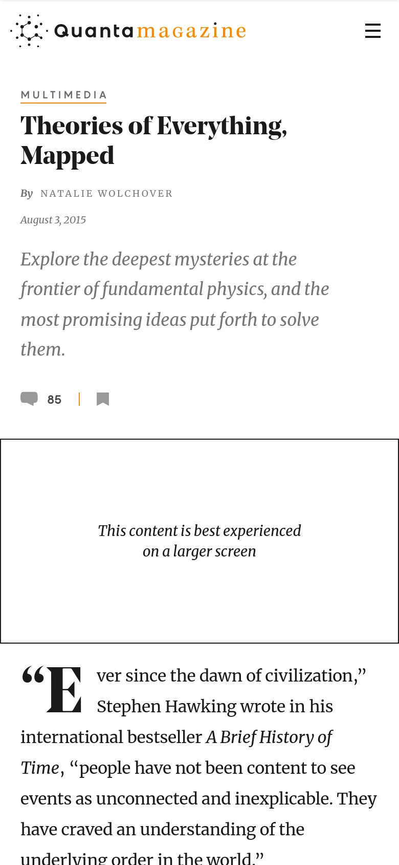 Mobile view of the same article, featuring a simplified header with the Quanta Magazine logo and a hamburger menu icon. The hero section is vertically stacked, displaying the 'Multimedia' tag, the large bold title, author information, and a brief summary against a white background, followed by a message stating the content is best experienced on a larger screen.