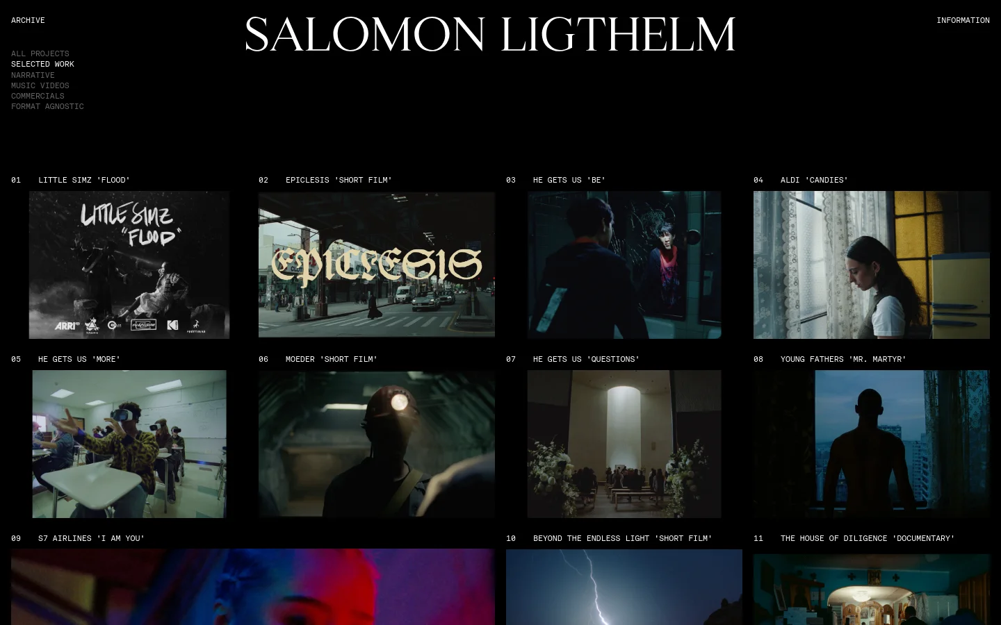 The desktop homepage for filmmaker Salomon Ligthelm features a minimalist black background with white serif typography. A navigation menu on the left lists project categories, while the main content area displays a grid of cinematic project thumbnails, each labeled with a number and title. The layout is spacious, emphasizing high-contrast imagery and a clean, professional aesthetic.