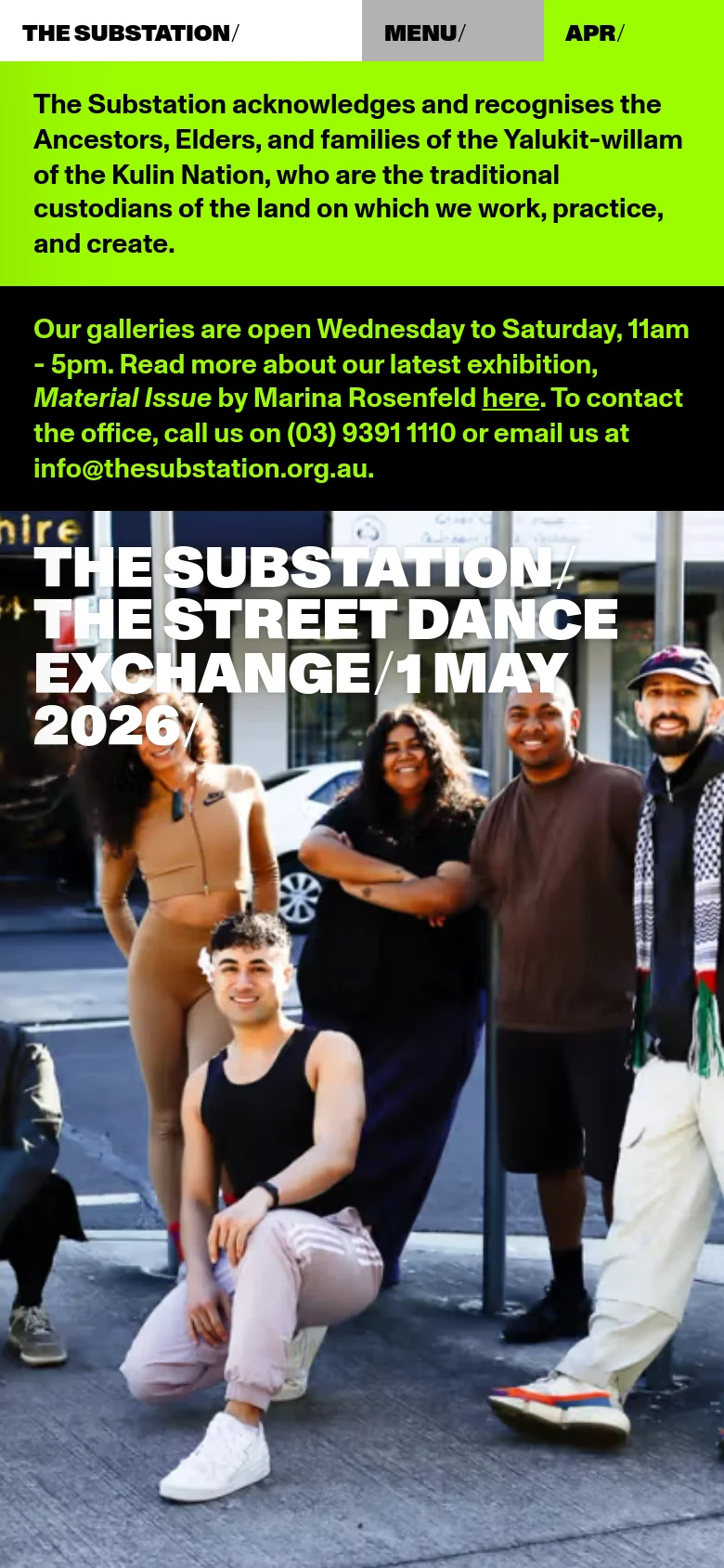 The mobile version maintains the lime green header with text stacked vertically for readability. The hero section displays the same group photo and large white typography, but the image and text are scaled to fit a narrow portrait orientation.