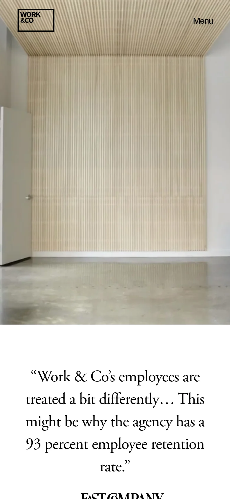 The mobile version maintains the minimalist aesthetic but transitions to a vertical stack. The hero image is cropped more tightly, and the testimonial text is centered, followed by the job categories and individual role listings appearing in a single-column scrollable format.