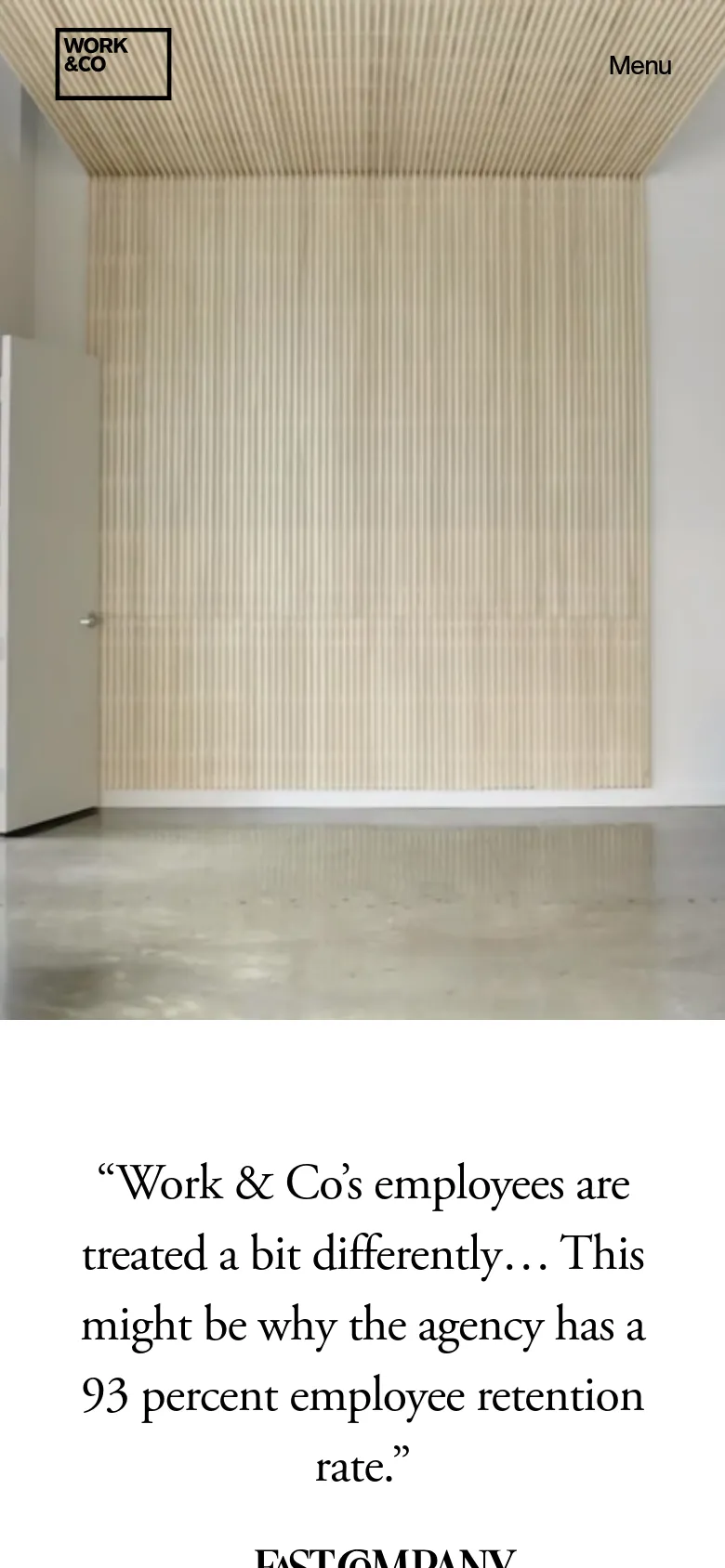 The mobile version maintains the minimalist aesthetic but transitions to a vertical stack. The hero image is cropped more tightly, and the testimonial text is centered, followed by the job categories and individual role listings appearing in a single-column scrollable format.
