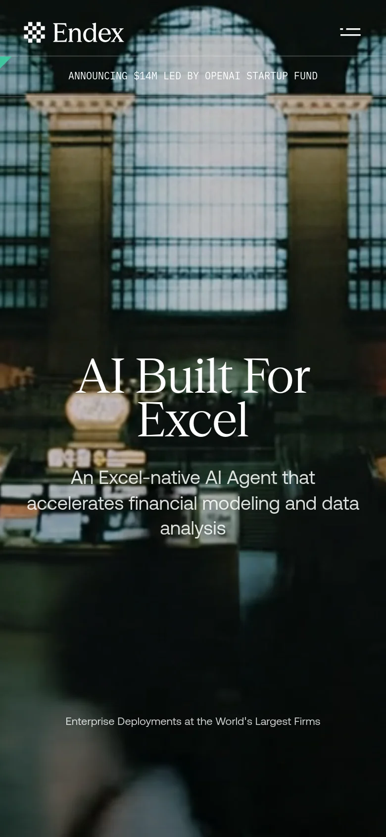 The mobile version maintains the dark, cinematic background but uses a stacked layout with a simplified hamburger menu in the top right. The headline 'AI Built For Excel' is centered and larger, followed by the subheadline and a text-based announcement banner at the top of the screen.