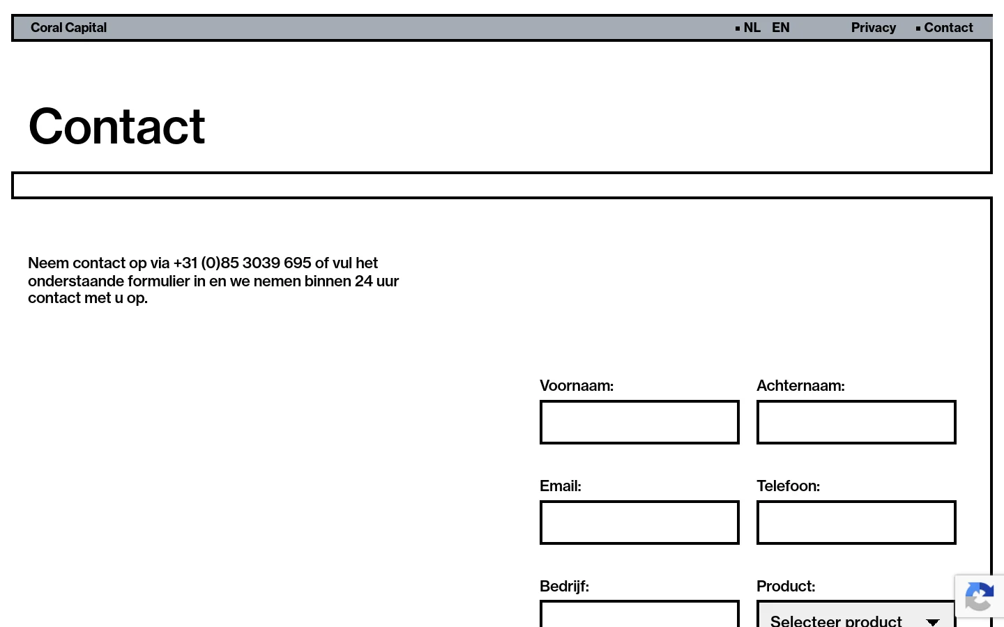 The desktop Contact page features a clean, minimalist layout with a white background and black text. A large 'Contact' headline sits above a brief instruction text and a contact form with fields for First Name, Last Name, Email, Phone, Company, and Product. The navigation bar at the top includes the Coral Capital logo, language toggles, and links for Privacy and Contact.