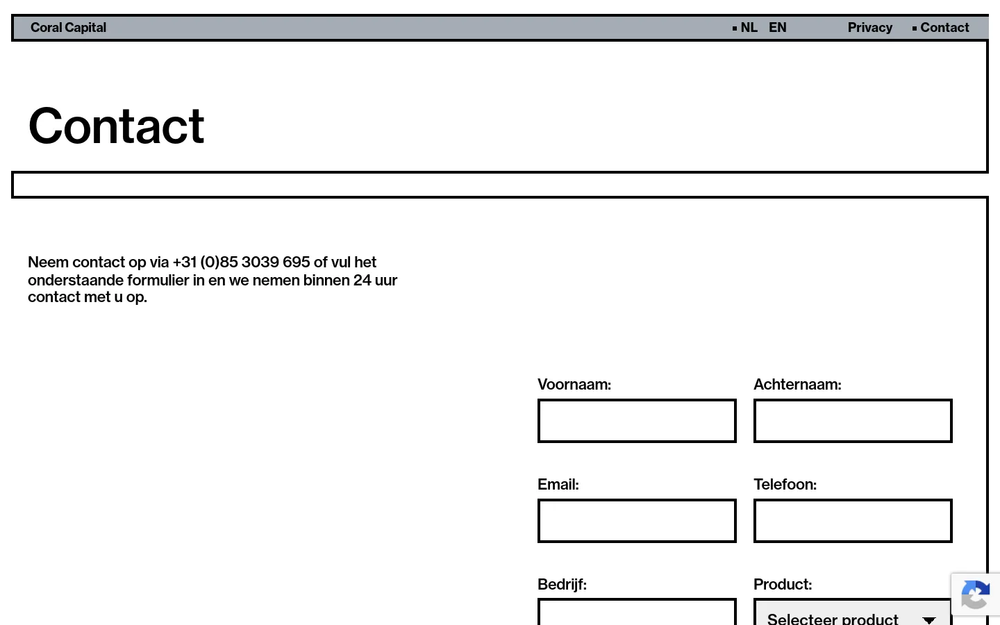 The desktop Contact page features a clean, minimalist layout with a white background and black text. A large 'Contact' headline sits above a brief instruction text and a contact form with fields for First Name, Last Name, Email, Phone, Company, and Product. The navigation bar at the top includes the Coral Capital logo, language toggles, and links for Privacy and Contact.