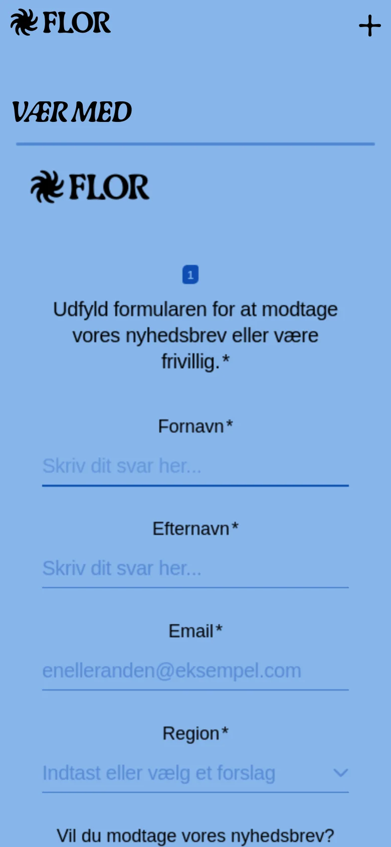 The mobile version maintains the light blue background and centered layout but simplifies the header. The navigation links are hidden behind a plus icon in the top right, and the form fields for name, email, and region are stacked vertically for easy scrolling.