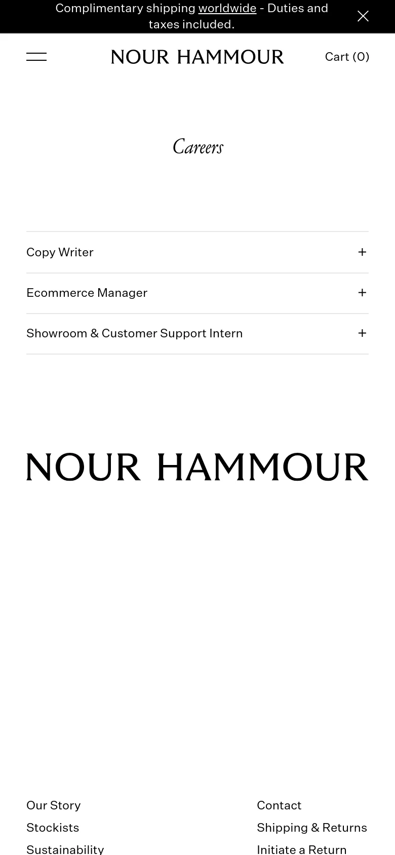 The mobile version maintains the minimalist white and black aesthetic but uses a simplified layout. The header features a hamburger menu icon and the brand name, while the job openings are presented as a vertical list of expandable accordion items. The large brand typography is scaled down to fit the narrower screen width.