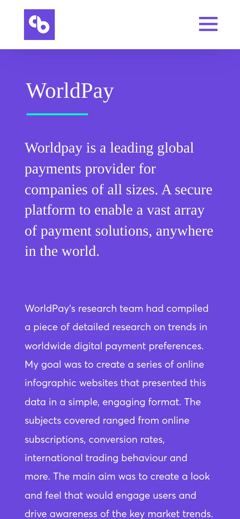 The mobile version of the WorldPay case study maintains the purple color scheme but shifts to a vertical layout. The 'WorldPay' headline and text are centered or left-aligned to fit the narrow screen, and the navigation menu is condensed into a hamburger icon at the top. The large rocket illustration is scaled down or repositioned to accommodate the portrait orientation.