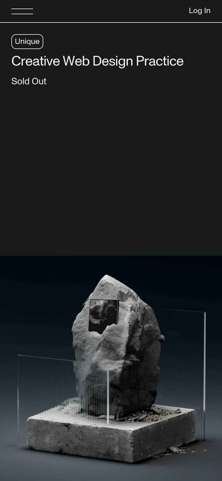 The mobile version uses a vertical stack layout with a dark background. The top section displays the 'Unique' tag and 'Creative Web Design Practice' headline, followed by the 'Sold Out' text, and concludes with the large hero image of the rock in a glass enclosure at the bottom.