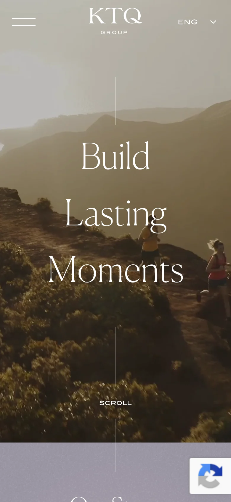 The mobile version shows a vertically oriented hero image of people running through a hilly landscape at sunset, with the text 'Build Lasting Moments' centered in large white serif font. The layout is simplified with a centered logo, a hamburger menu icon on the left, and an 'ENG' language selector on the right.