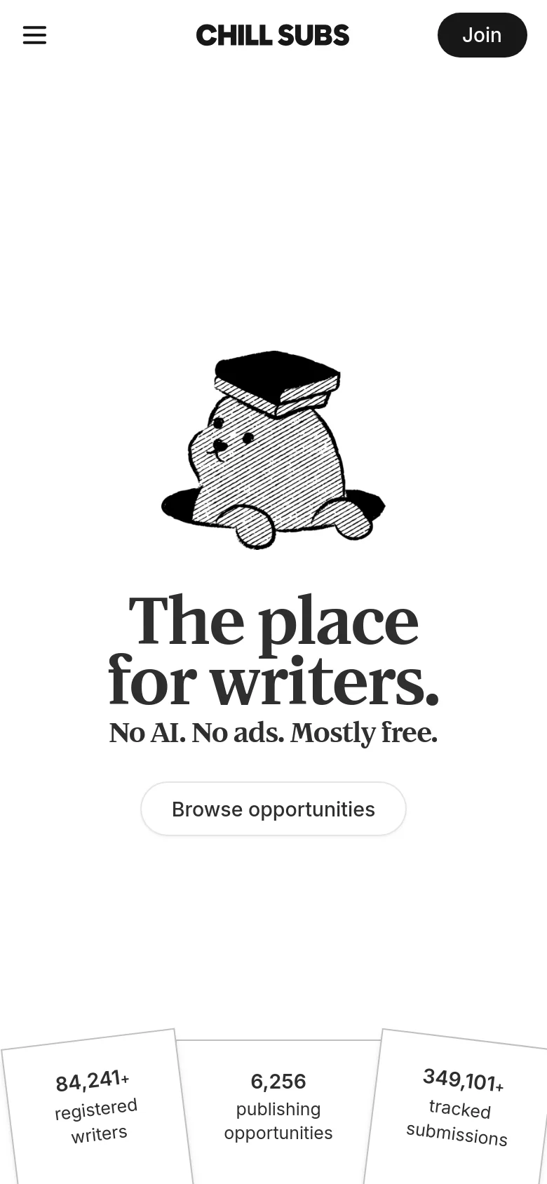 The mobile version presents a vertically stacked layout on a white background, featuring the Chubs mascot illustration at the top. The headline 'The place for writers.' and subtext are centered above a large 'Browse opportunities' button, followed by three large-font statistics for writers, opportunities, and submissions.