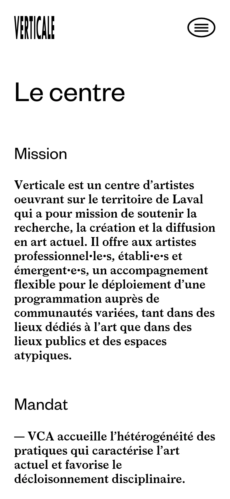 The mobile version simplifies the layout into a single vertical column. The 'Verticale' logo is centered at the top, with only the hamburger menu icon visible on the right. The content, including the 'Le centre' heading and the 'Mission' and 'Mandat' sections, is stacked vertically for easier scrolling.