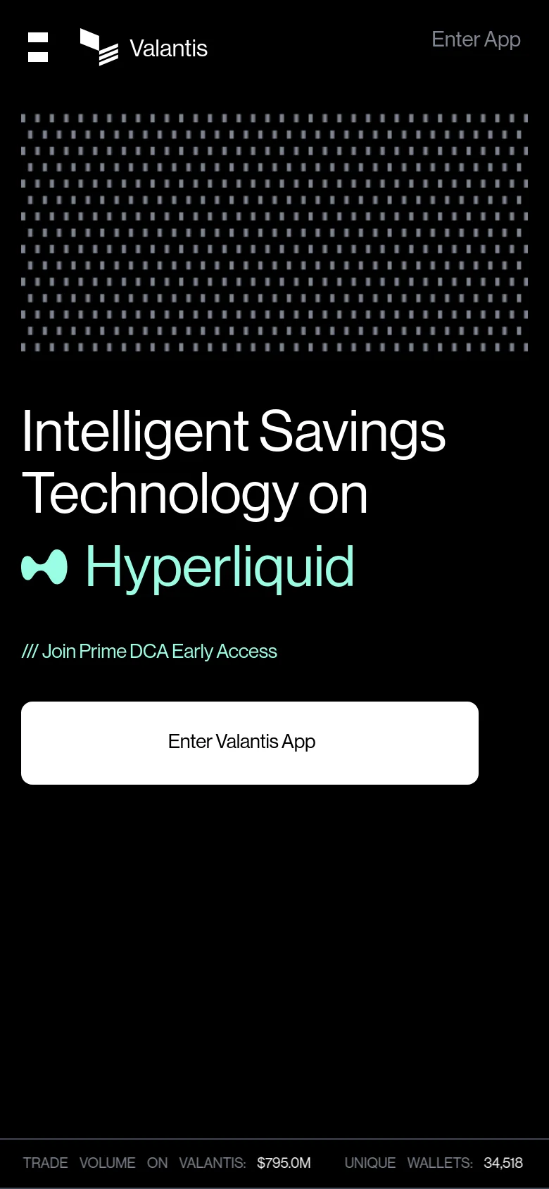 The mobile version presents a vertically stacked layout with the same dark theme and dot pattern background. The headline and call-to-action buttons are centered and enlarged for readability, while the navigation menu is condensed into a hamburger icon at the top left.