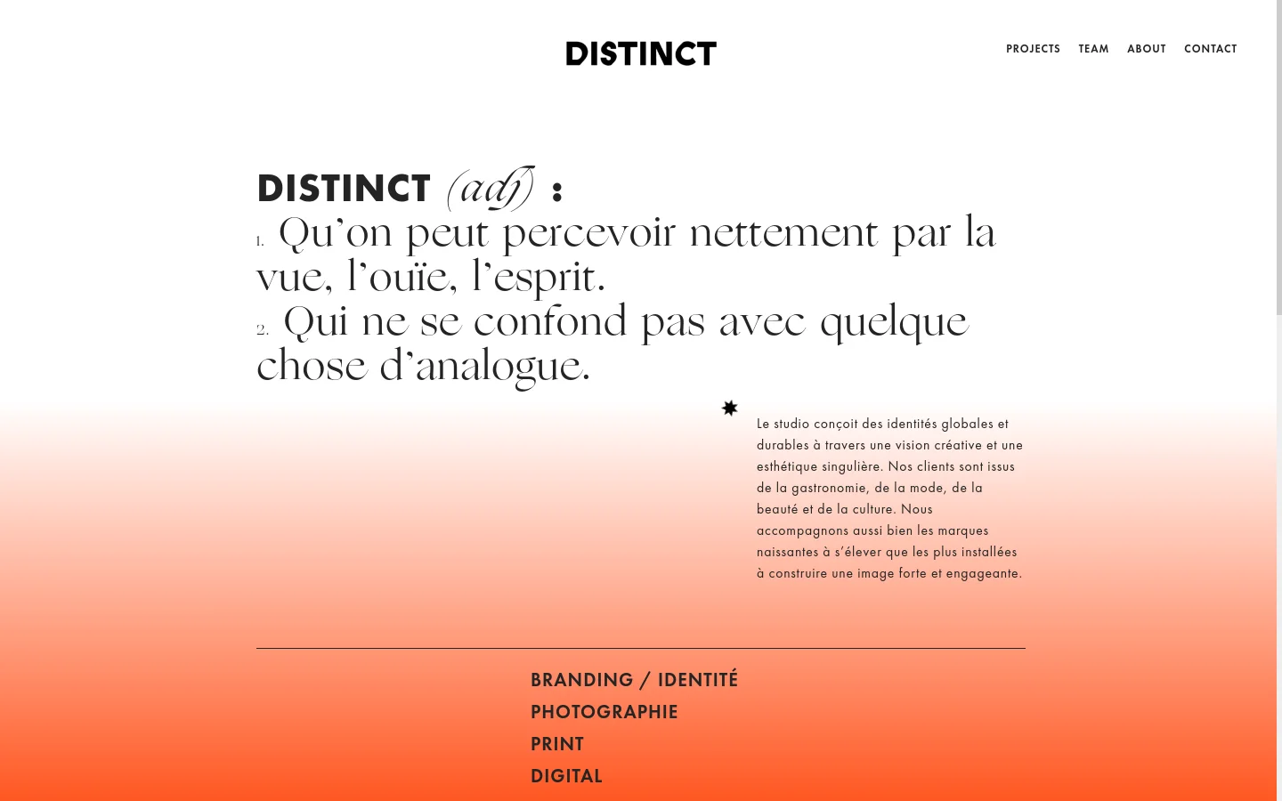 The desktop About page features a minimalist design with a white and soft orange gradient background. Large serif typography defines the top section with a dictionary definition of 'Distinct', followed by a description of the studio's creative vision. The layout includes a navigation menu at the top right and a list of service categories like Branding, Photography, Print, and Digital in bold sans-serif text.