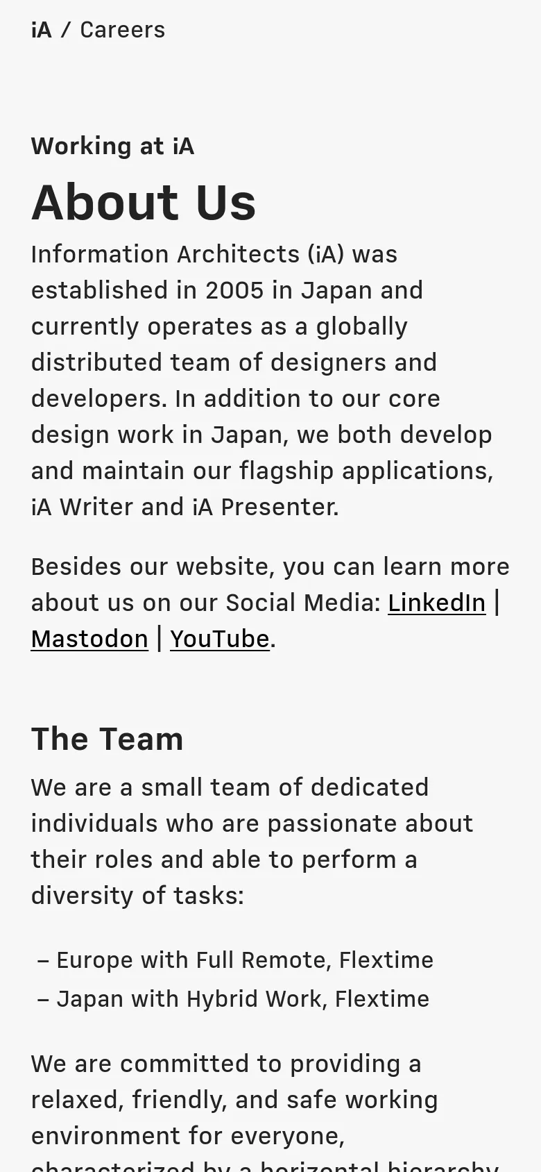 The mobile version maintains the minimalist black-and-white aesthetic but uses a single-column layout optimized for vertical scrolling. The text is scaled for readability on a smaller screen, and the navigation breadcrumb 'iA / Careers' is positioned at the top left.