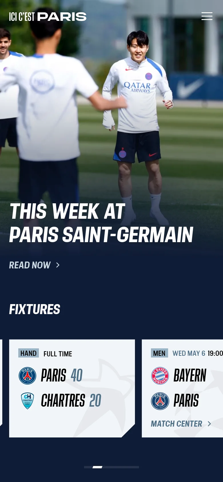 The mobile version presents a vertically oriented view of the training hero image with the same large white headline and 'READ NOW' link. The top navigation is simplified, replacing the text links with a hamburger menu icon and the 'ICI C'EST PARIS' branding. The 'FIXTURES' section below shows match cards stacked vertically, optimized for a narrow screen.