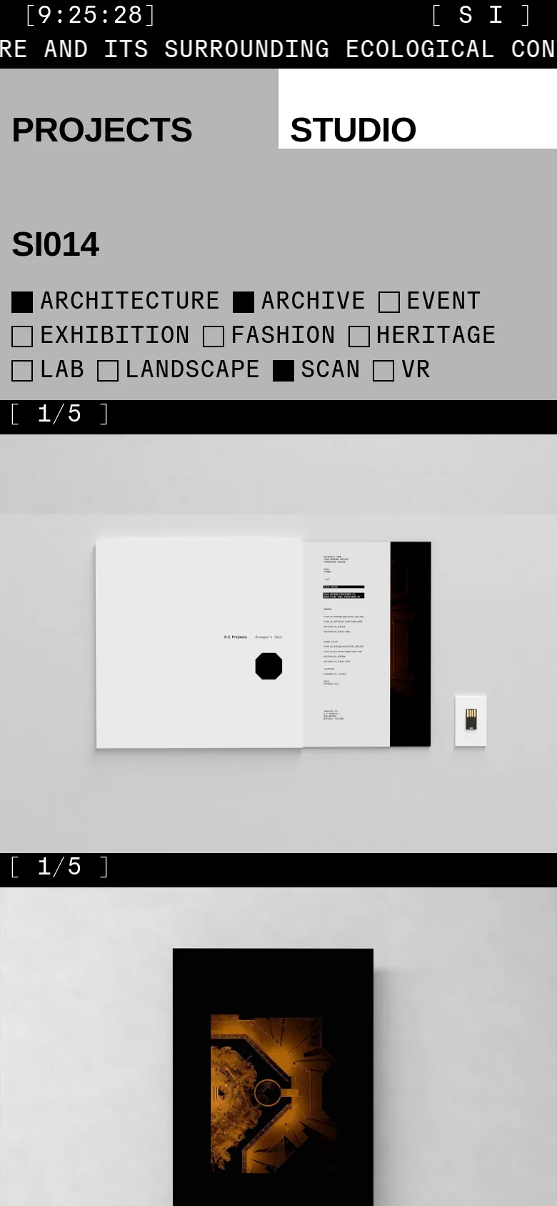 The mobile version uses a vertical stack layout optimized for smaller screens, maintaining the minimalist black and white aesthetic. The navigation is simplified, and the project categories and image gallery are presented in a single-column scrollable format, making the visual content the primary focus.