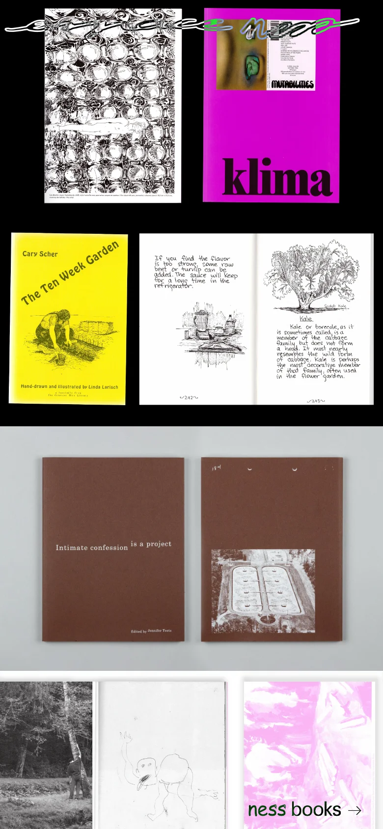The mobile version maintains the black background and minimalist aesthetic but stacks the project images and text vertically in a single column. The large book cover images are scaled down to fit the narrow screen width, and the navigation link 'ness books' remains at the bottom right.