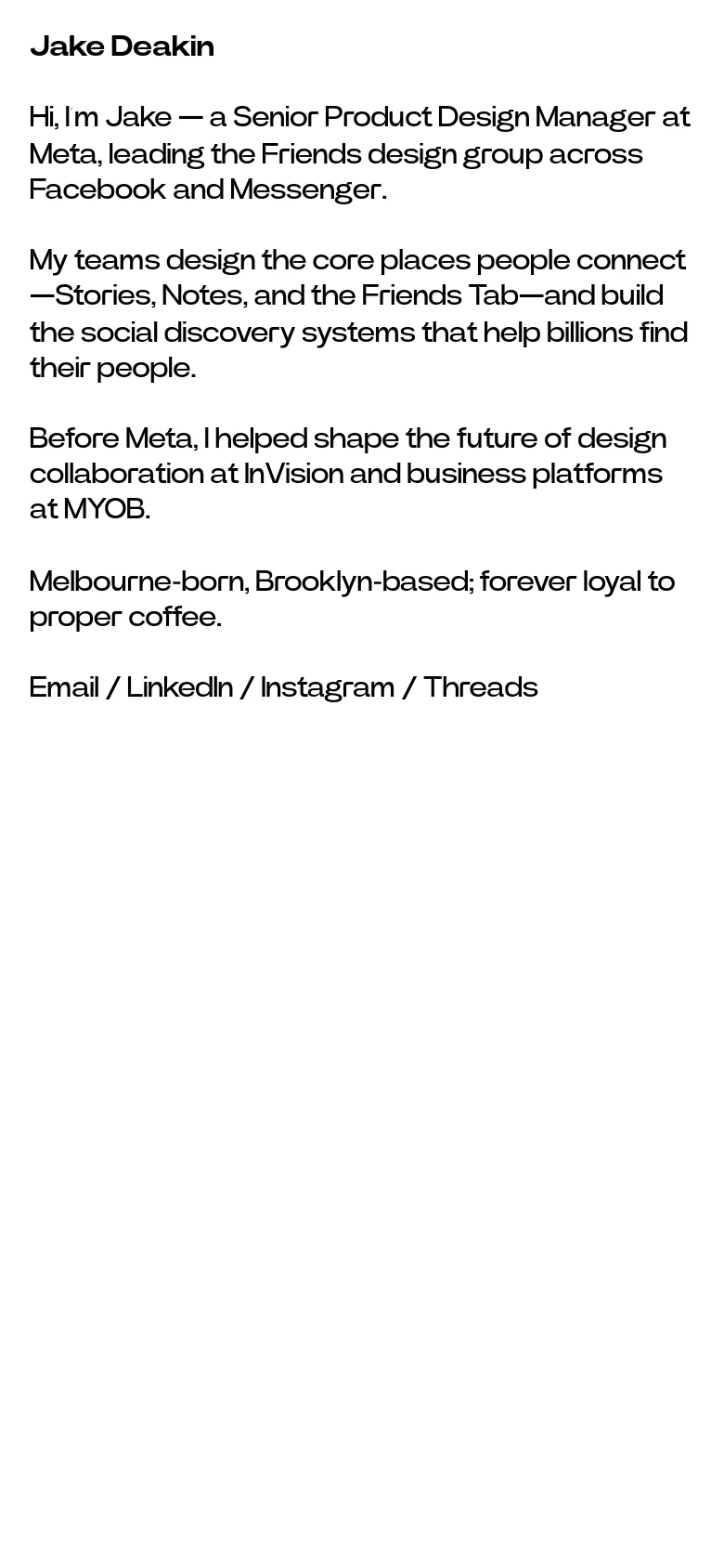 The mobile version maintains the minimalist black-on-white aesthetic but uses a single-column layout optimized for narrow screens. The text is left-aligned and scales to fit the mobile viewport, with social links appearing as a continuous text string at the bottom.