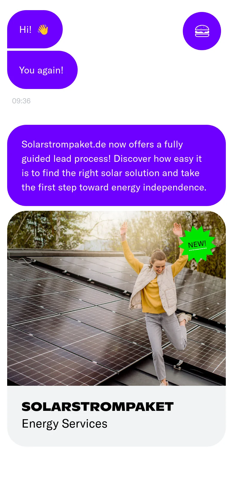 The mobile version maintains the minimalist white aesthetic and purple speech bubble elements but stacks them vertically for a narrower viewport. The large 'HHEY,' logo and navigation icon remain at the top, while the text-heavy speech bubbles and the solar panel hero image are resized to fit the single-column layout.