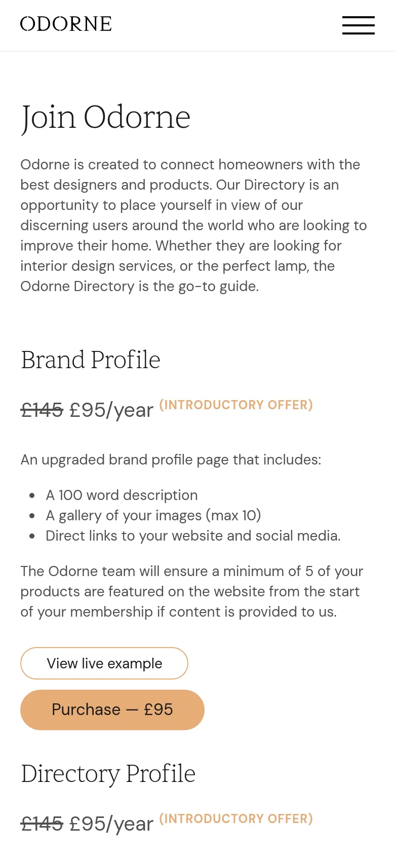 The mobile version uses a single-column vertical layout to present the membership information. The 'Join Odorne' header and introductory text appear at the top, followed by the 'Brand Profile' section and its corresponding buttons, with the 'Directory Profile' section continuing below it. The navigation menu is collapsed into a hamburger icon at the top right.