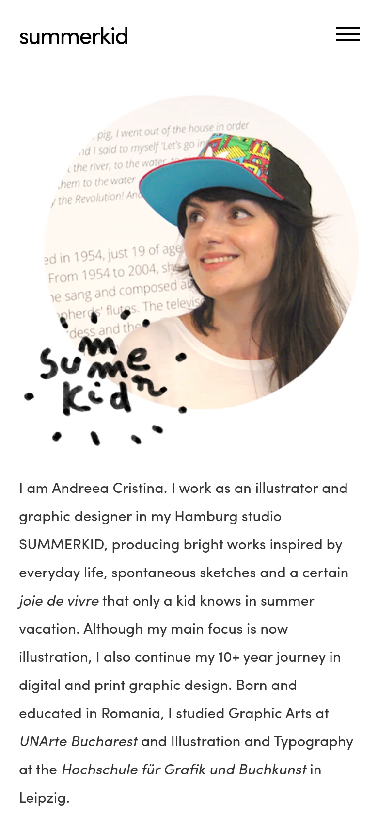 The mobile version simplifies the layout into a single vertical column, starting with the 'summerkid' logo and a hamburger menu icon. The circular portrait appears at the top, followed by the biographical text, recognition list, and press links stacked underneath in a continuous scroll.