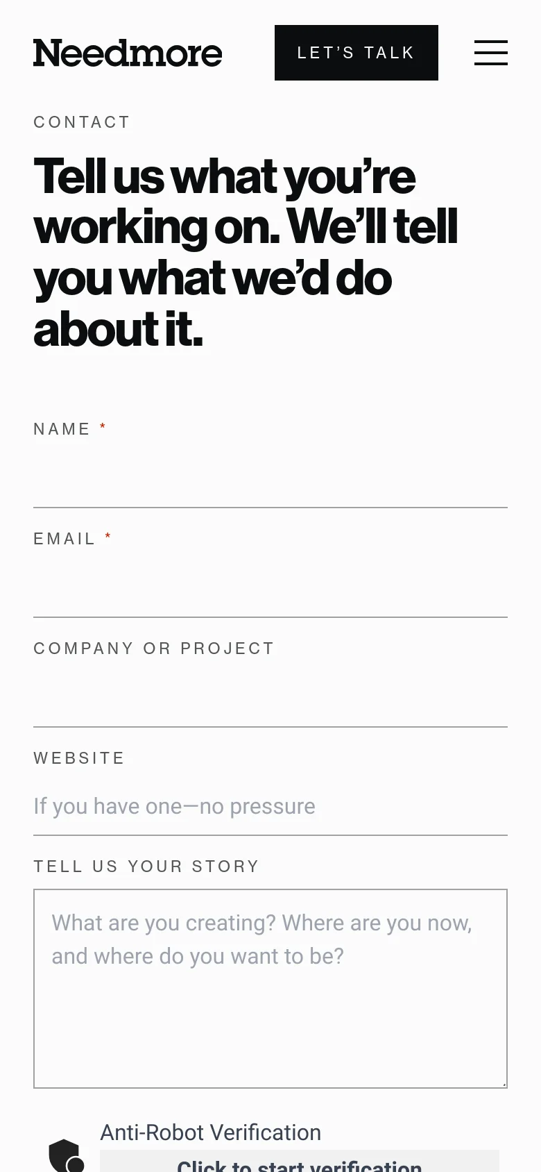 The mobile version presents a single-column layout with the large headline at the top, followed by the contact form fields stacked vertically. The sidebar information from the desktop version is moved below the form, and the navigation includes a hamburger menu icon.