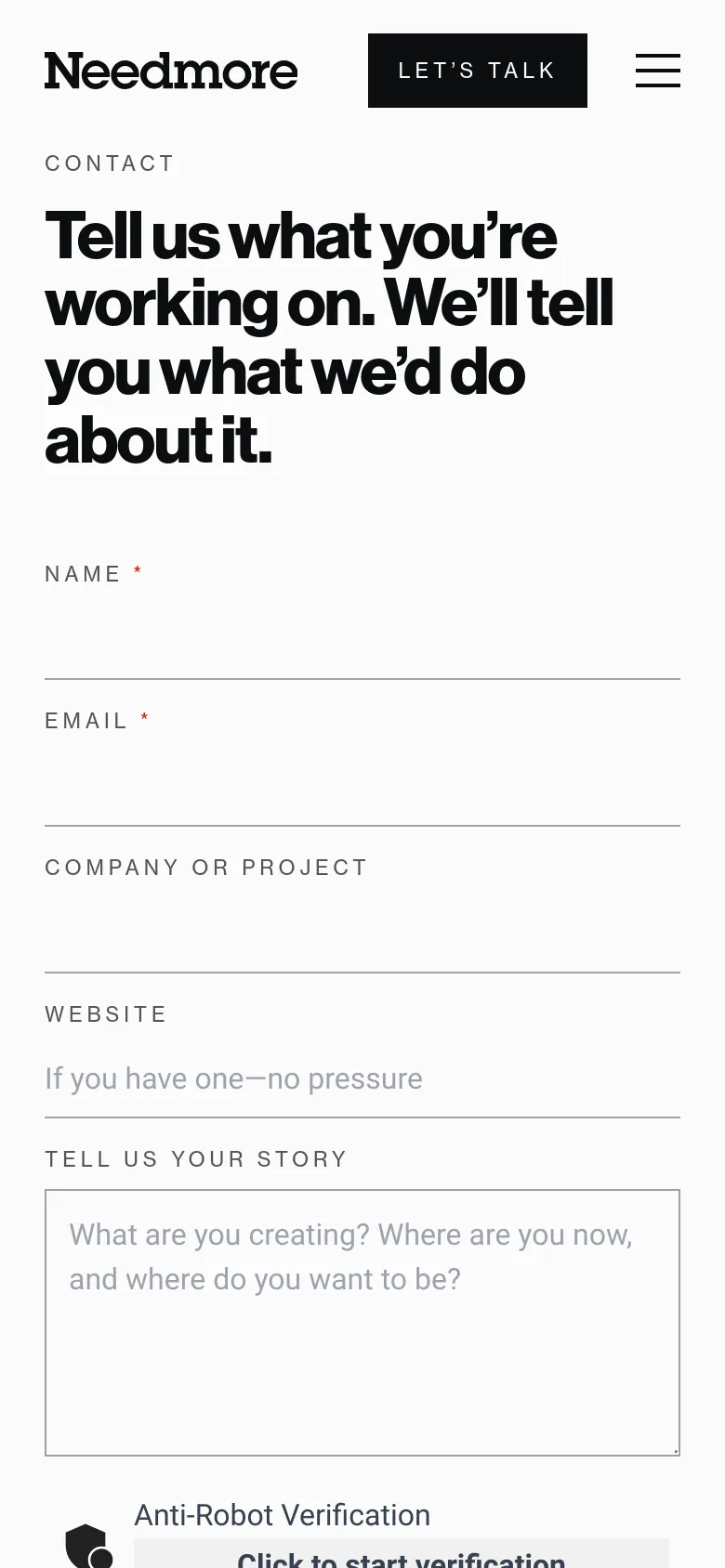 The mobile version presents a single-column layout with the large headline at the top, followed by the contact form fields stacked vertically. The sidebar information from the desktop version is moved below the form, and the navigation includes a hamburger menu icon.