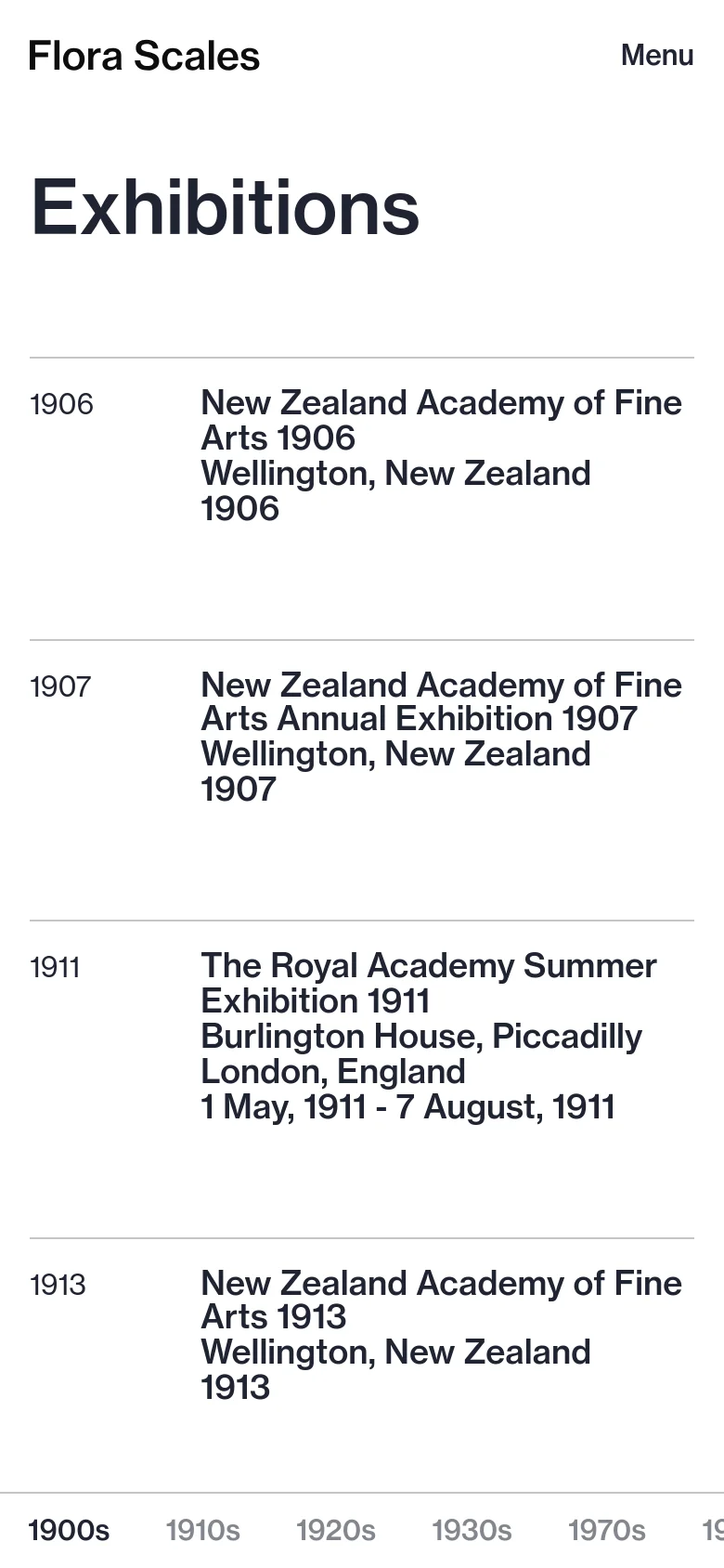 The mobile version simplifies the layout, moving the decade navigation to a horizontal scrolling list at the bottom of the screen. The top navigation is condensed into a 'Menu' button, and the exhibition entries are stacked vertically in a single column, maintaining the white background and black text.