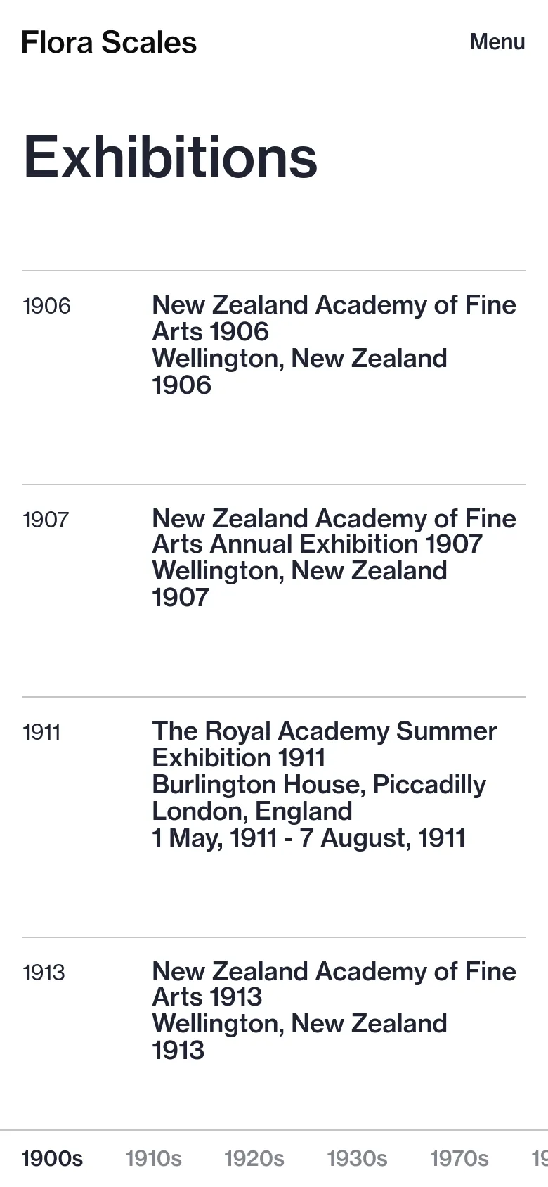 The mobile version simplifies the layout, moving the decade navigation to a horizontal scrolling list at the bottom of the screen. The top navigation is condensed into a 'Menu' button, and the exhibition entries are stacked vertically in a single column, maintaining the white background and black text.