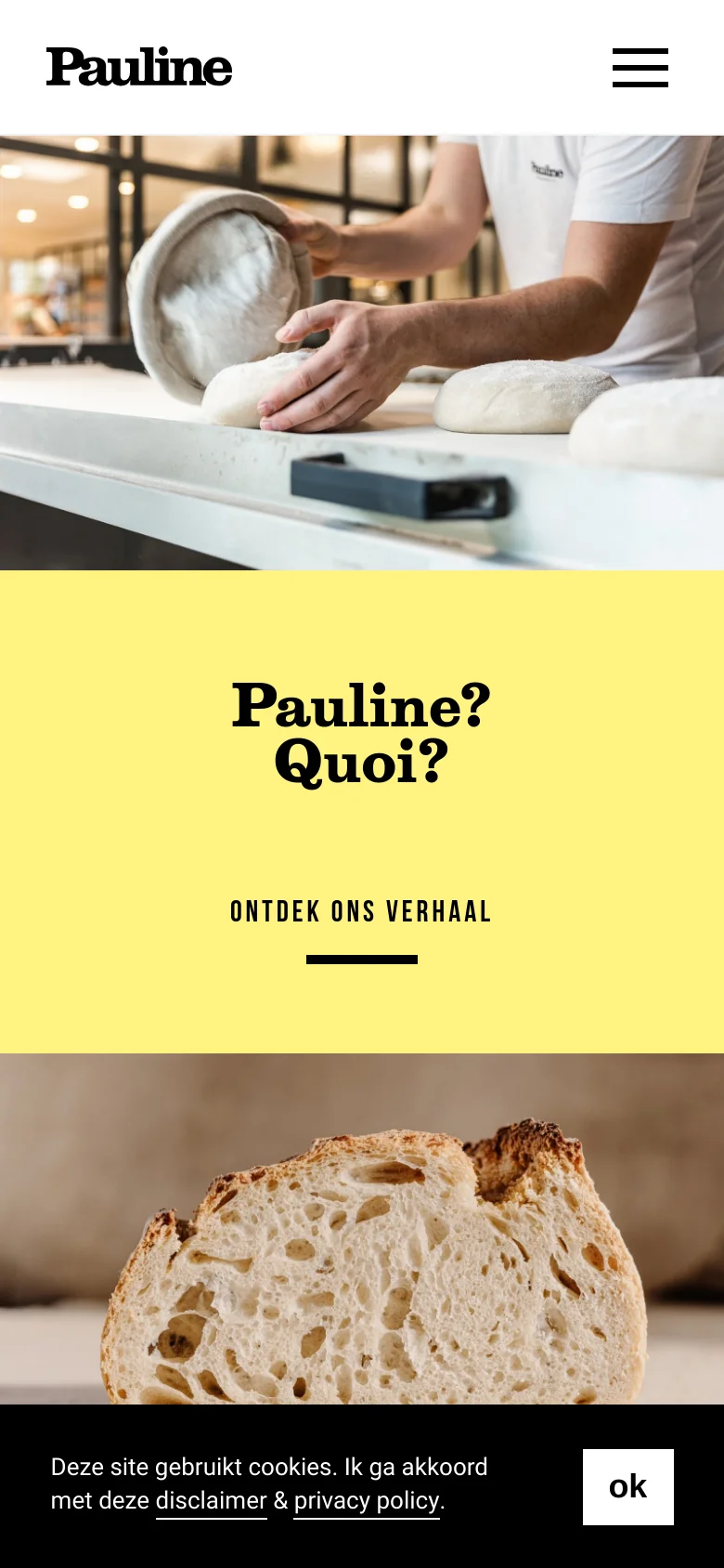 The mobile version maintains the same aesthetic but uses a condensed layout. The top navigation is replaced by a hamburger menu icon, and the hero image of dough preparation spans the full width of the screen. The yellow call-to-action section follows, featuring large, centered text and a simplified view of the content.