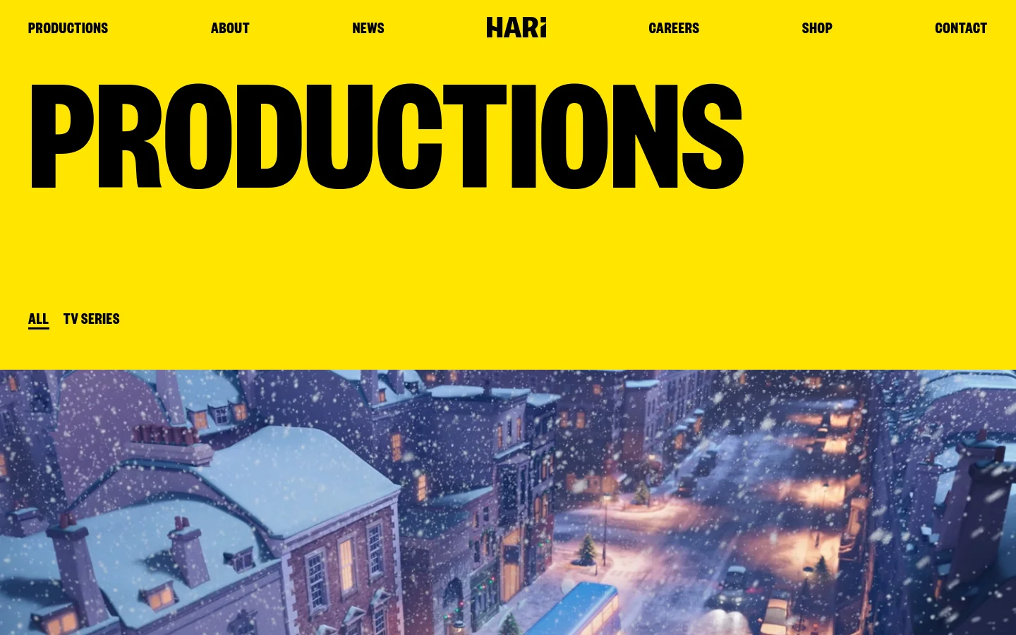 The desktop page features a bright yellow header with the large, bold black headline 'PRODUCTIONS' and a navigation menu including About, News, and Careers. Below the header, a filter menu offers 'ALL' and 'TV SERIES' options, followed by a large, cinematic hero image of a snowy city street at night with falling snow. The layout is spacious and uses high-contrast black text on a vibrant yellow background.
