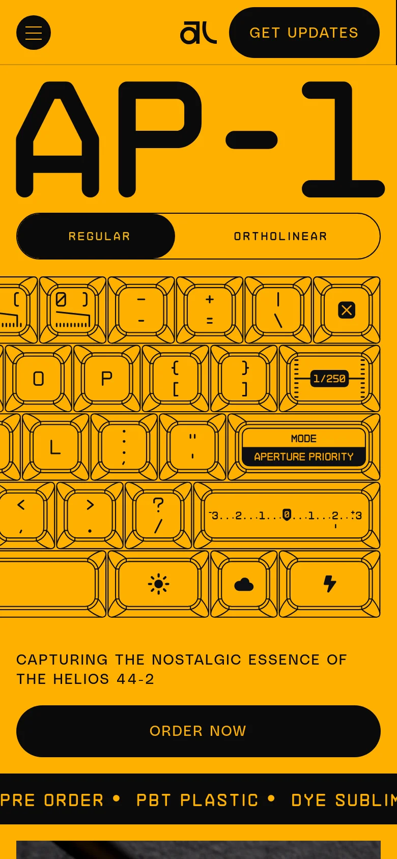 The mobile version maintains the mustard yellow theme but rearranges the layout vertically. The large 'AP-1' text dominates the top, followed by the keyboard graphic, and concludes with a prominent black 'ORDER NOW' button at the bottom. A hamburger menu icon is visible in the top left corner.