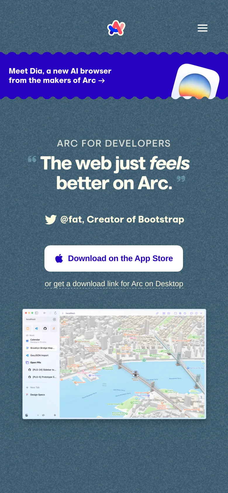 The mobile version uses a similar dark blue textured background and purple promotional banner, but the layout is vertically stacked for a narrow screen. The headline and large quote are centered, followed by a Twitter handle and a white 'Download on the App Store' button. A text link for desktop downloads sits above a scaled-down version of the split-screen browser screenshot.