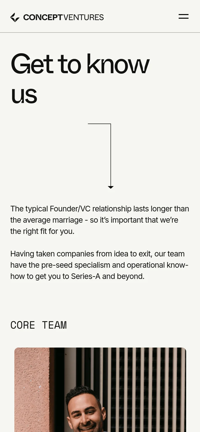 Concept Ventures team page on mobile with a stacked layout. The large Get to know us headline and mission text reflow vertically above a single-column grid of team member headshots, using a clean white background and minimalist navigation.