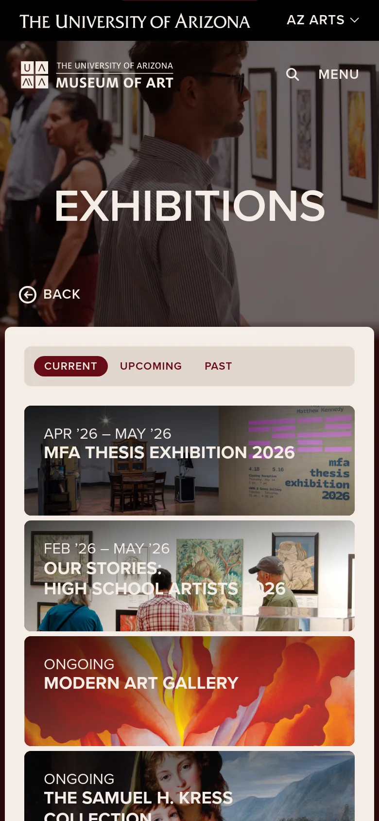 Mobile view of the museum exhibitions page with a stacked vertical layout. The hero section is condensed, followed by a single-column list of exhibition cards featuring large imagery, dates, and titles for easy scrolling.