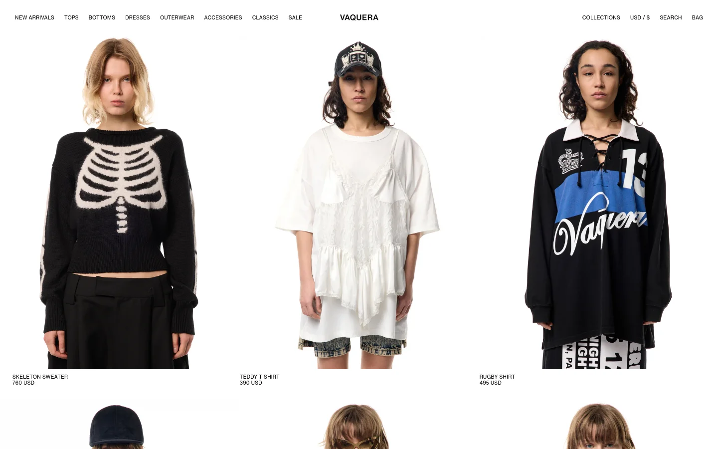 The desktop page for Vaquera's Tops collection features a minimalist white background with a navigation menu at the top including links for New Arrivals, Tops, Bottoms, Dresses, Accessories, Classics, and Sale. A grid of high-fashion models showcases various tops, such as a black skeleton sweater and a white teddy t-shirt, with product names and prices listed directly below each image.