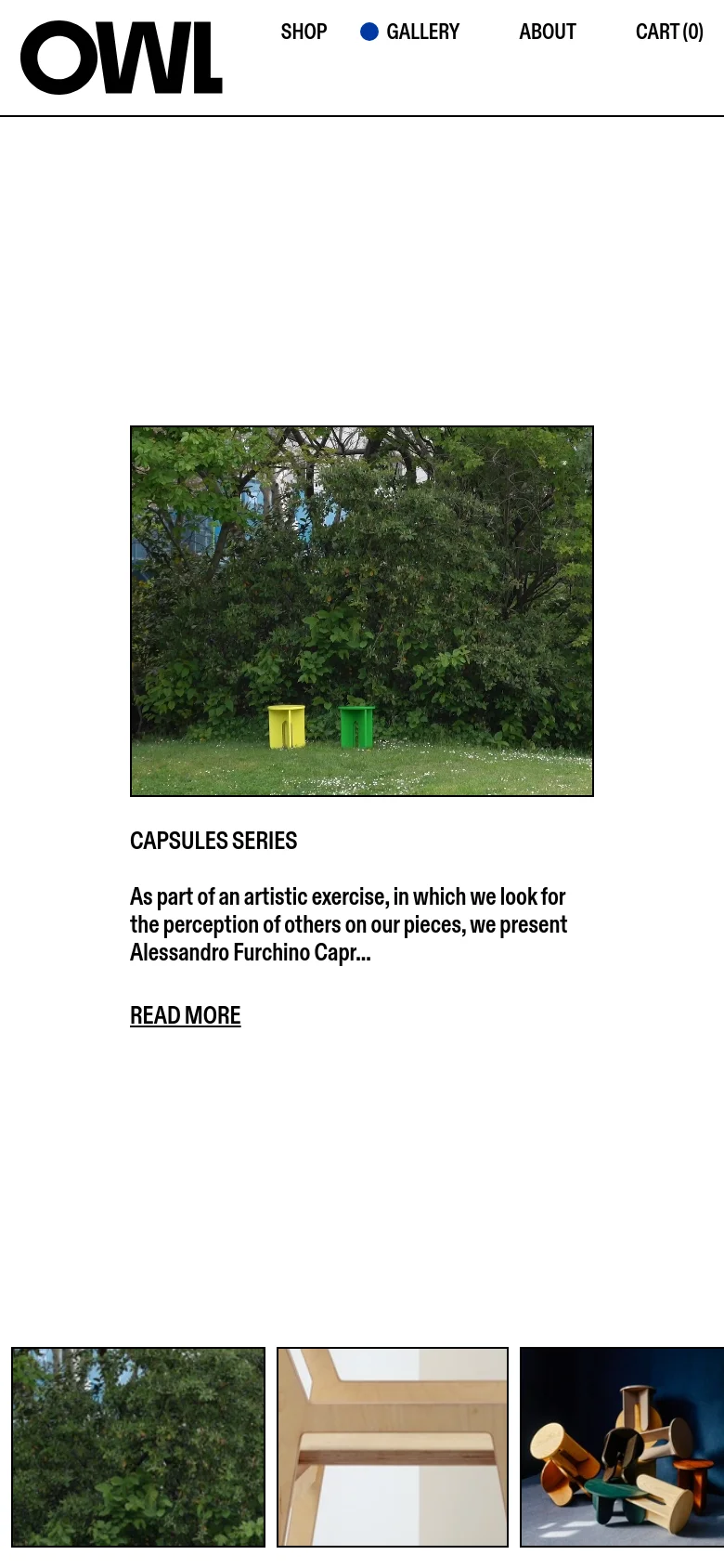 The mobile version presents a single-column vertical layout with a large hero image of green stools in a park. Below the image, the 'Capsules Series' heading and descriptive text are stacked vertically, followed by larger, full-width thumbnail images.