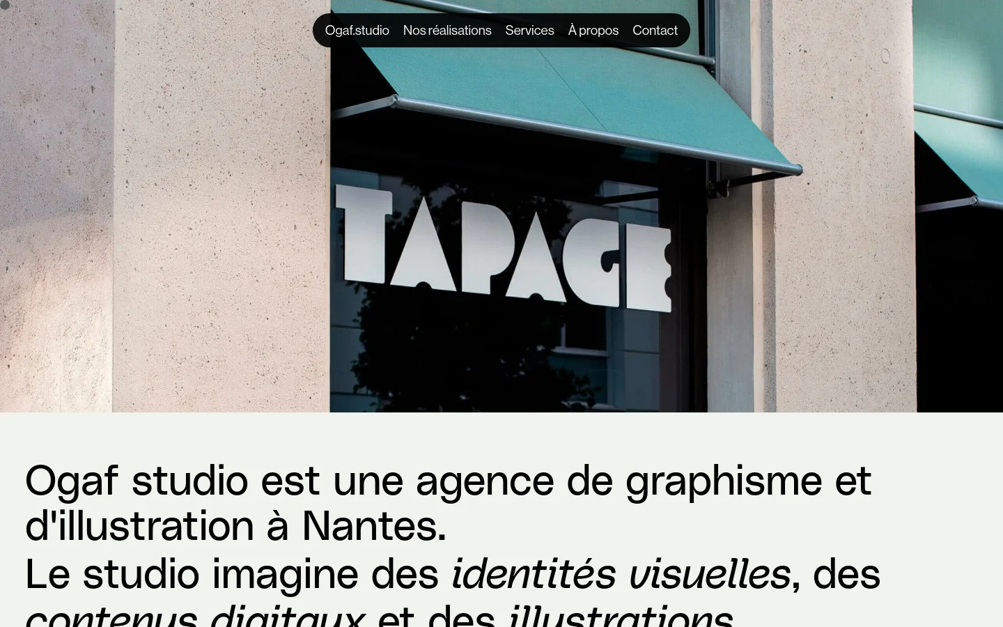 The desktop homepage features a large hero image of a storefront window with 'TAPAGE' branding, overlaid with a minimalist black navigation pill. Below, a clean white section contains a large headline, subtext, and two primary call-to-action buttons for projects and contact. The layout is spacious with a focus on high-quality graphic design imagery.
