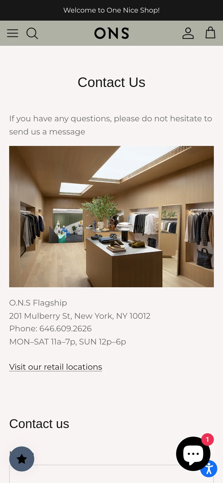 The mobile version uses a single-column layout, stacking the 'Contact Us' heading, introductory text, and the store interior photo vertically. The contact form fields and the flagship store information follow below the image, providing a streamlined scrolling experience on a smaller screen.