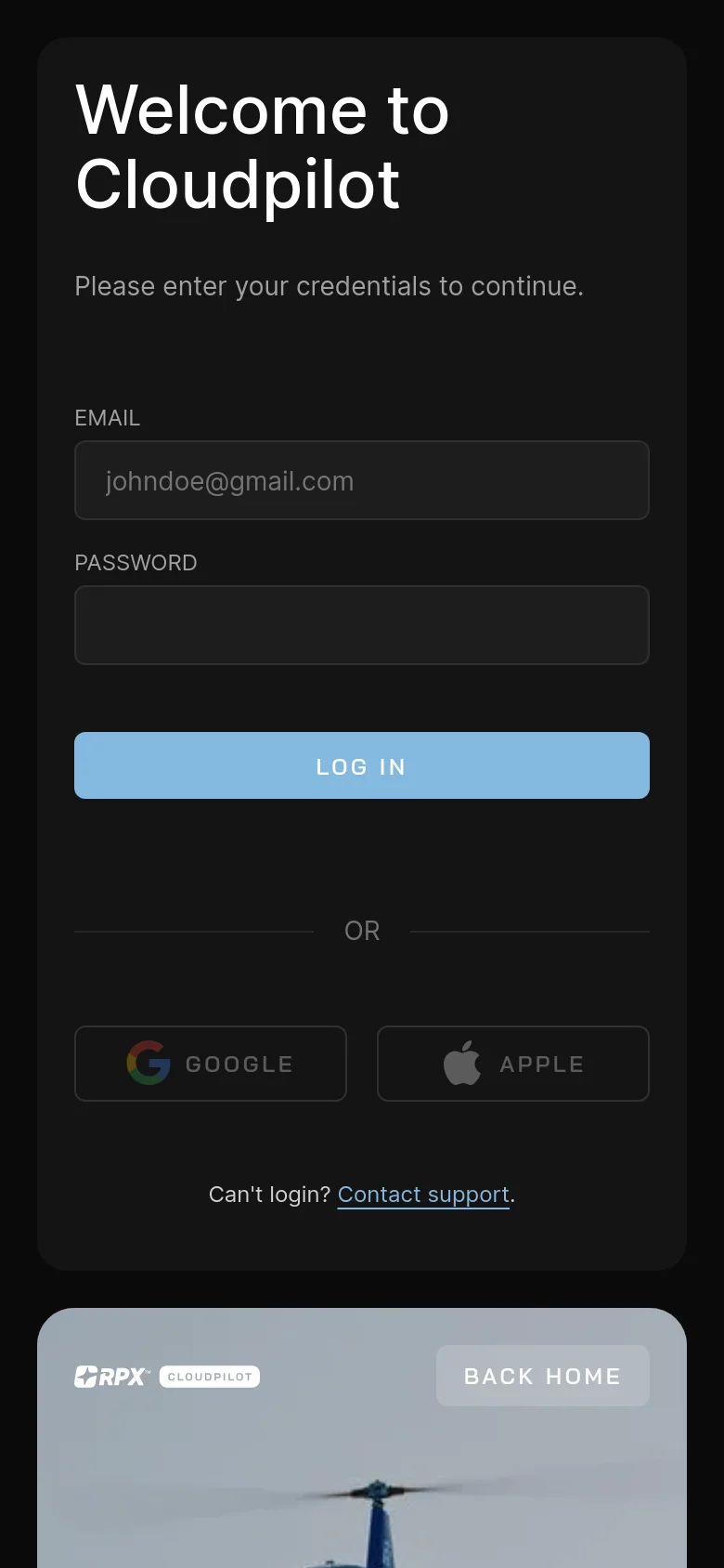 The mobile version uses a stacked layout where the hero image of the cargo helicopter is positioned at the top, followed by the login form below it. The dark login interface remains consistent, featuring the 'Welcome to Cloudpilot' heading, input fields, a prominent light blue login button, and social authentication buttons for Google and Apple.