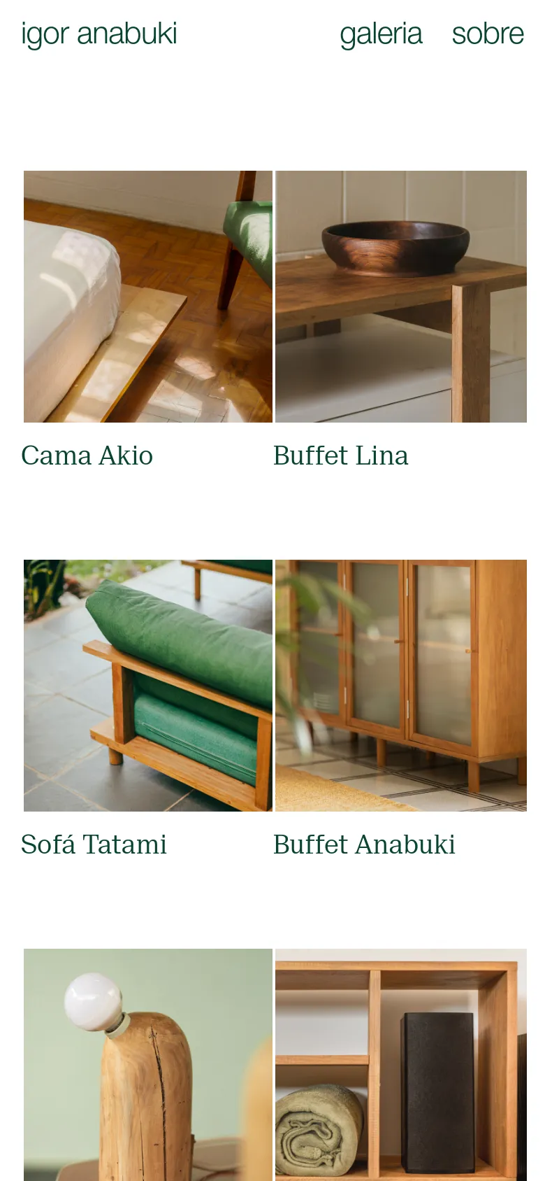 The mobile version presents the same gallery content but in a single-column vertical layout. Each furniture photograph, like the Sofá Tatami and Buffet Anabuki, spans the width of the screen with its title directly below, making it optimized for vertical scrolling on a smartphone.
