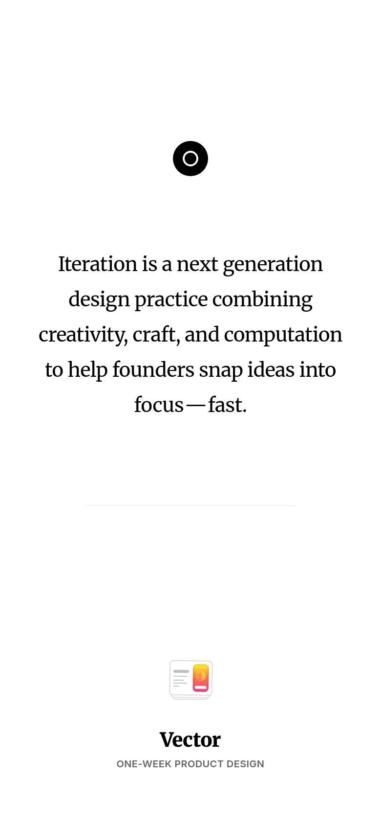 The mobile version maintains the minimalist white and black aesthetic but uses a single-column vertical layout. The headline is centered and stacked, and the service offerings are presented one after another vertically rather than side-by-side, optimizing readability for smaller screens.