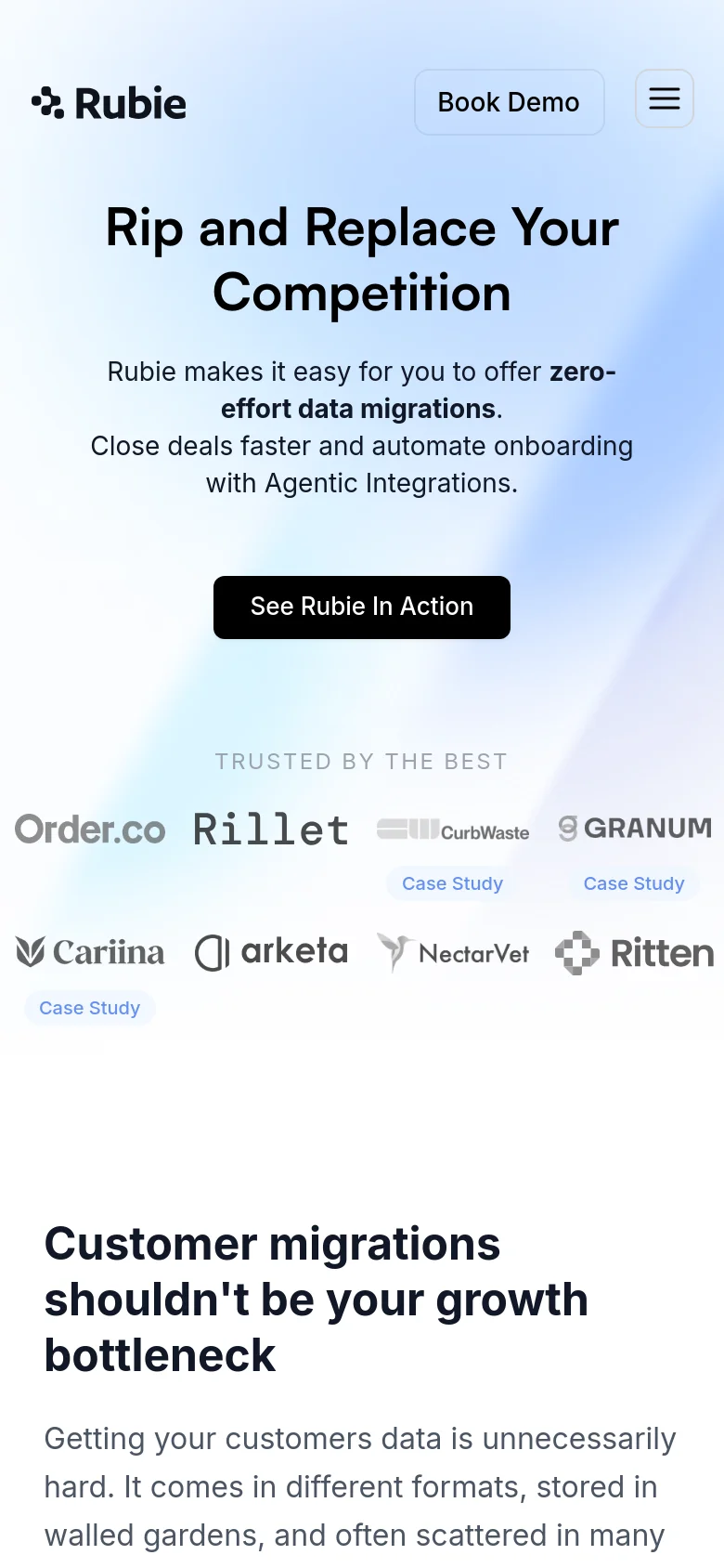 The mobile version uses a stacked layout with a centered headline and subheadline. The navigation is condensed into a hamburger menu icon next to the Rubie logo, and the 'Book Demo' button remains prominent. The logo grid for trusted companies is rearranged to fit the narrower vertical screen.