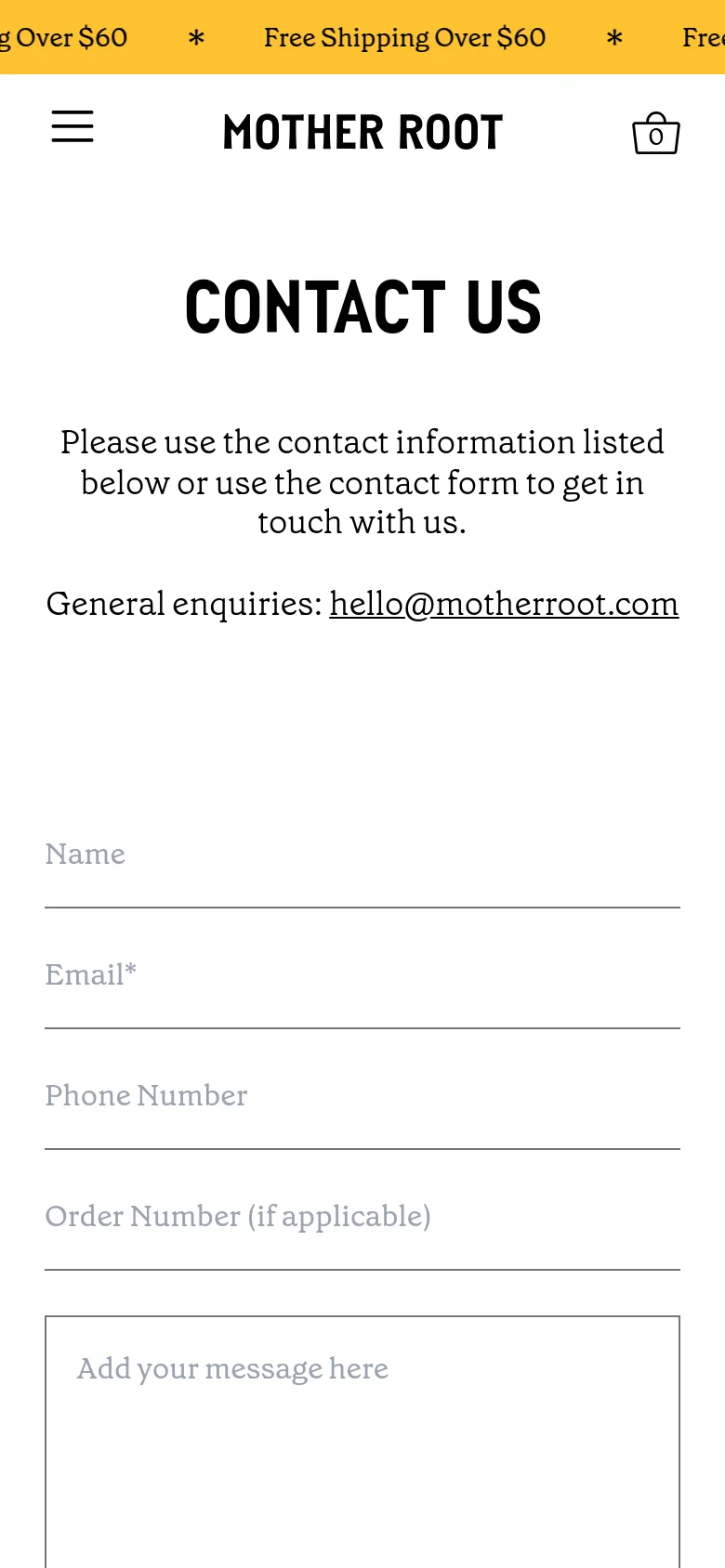 The mobile version maintains the minimalist white and black aesthetic but uses a condensed layout. The top navigation is replaced by a hamburger menu icon on the left and a shopping bag icon on the right, while the contact form fields and text are stacked vertically to fit the narrow screen.