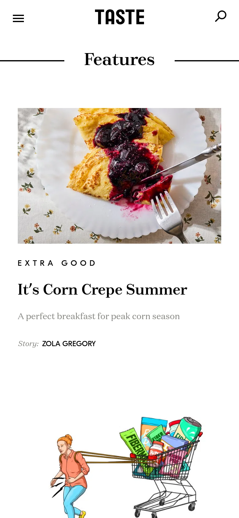 The mobile version of the Features page simplifies the layout into a single-column vertical scroll. The top navigation is condensed into a hamburger menu icon on the left, the TASTE logo is centered, and a search icon is on the right. Articles are stacked vertically, featuring large images followed by text content.