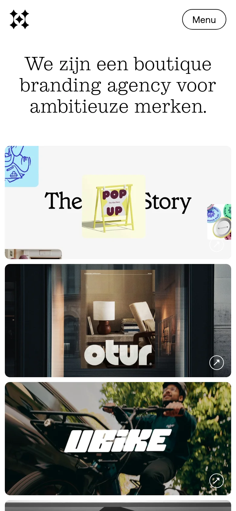 The mobile version presents a simplified vertical layout with a condensed header containing a logo and a 'Menu' button. The large hero headline is centered, followed by a single-column stack of large project preview images that span the width of the screen, making the visual portfolio the primary focus.