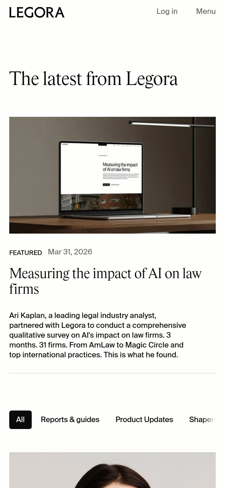 Legora blog page in a mobile layout with a stacked vertical design. The hero section features the headline Measuring the impact of AI on law firms followed by a full-width image of a laptop on a desk, with category filters like All and Reports & guides positioned below.