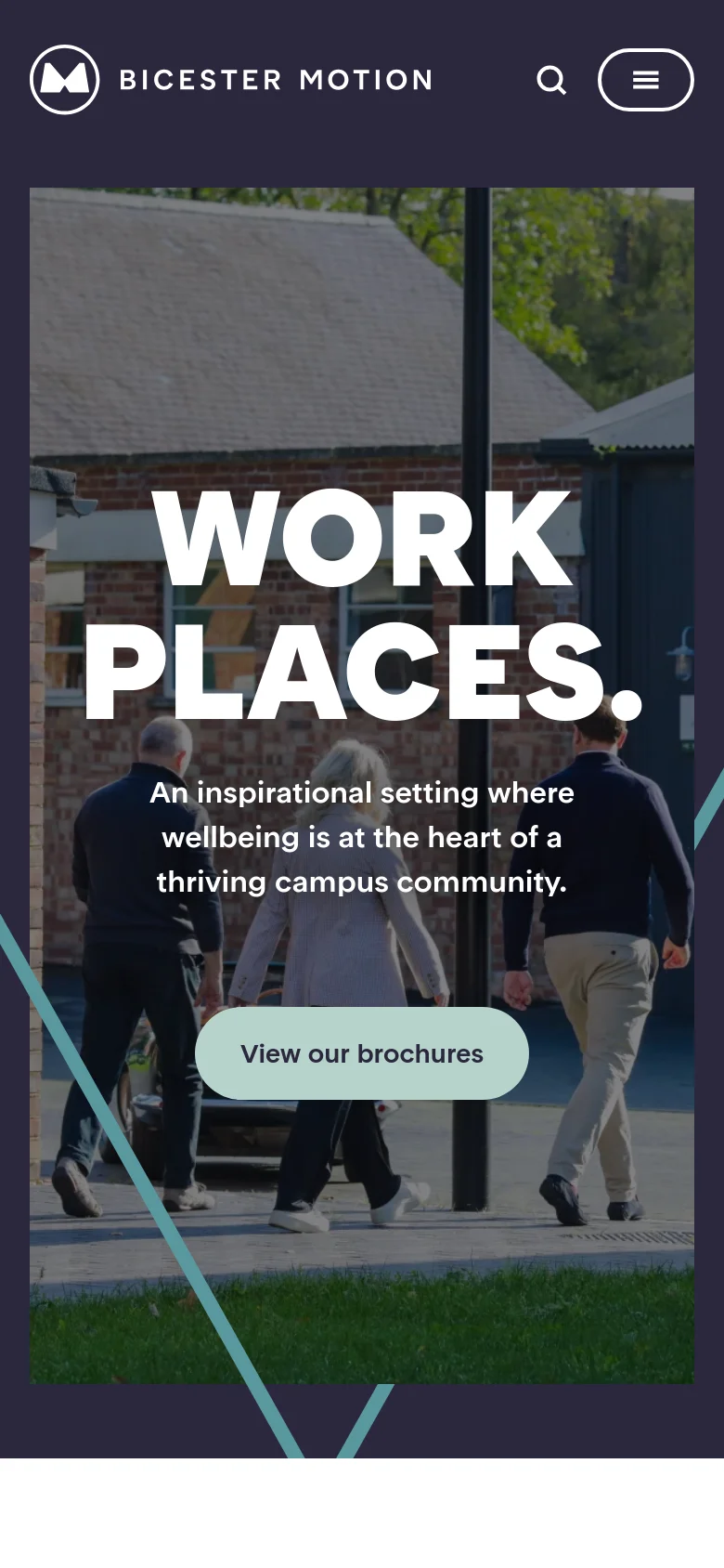 The mobile version presents a vertically stacked layout with the hero image filling the width of the screen. The large white 'WORK PLACES.' headline is split into two lines to fit the narrow viewport, followed by the subheadline and a prominent light blue 'View our brochures' button. The header is simplified to a logo, a search icon, and a hamburger menu icon.