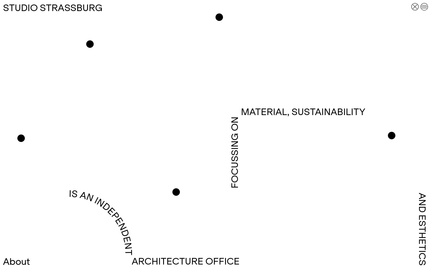 The Studio Strassburg homepage features a minimalist white background with black text arranged in a circular, radial pattern. The layout includes the studio name, a description of their architecture focus, and navigation links like 'About', interspersed with black circular dots.