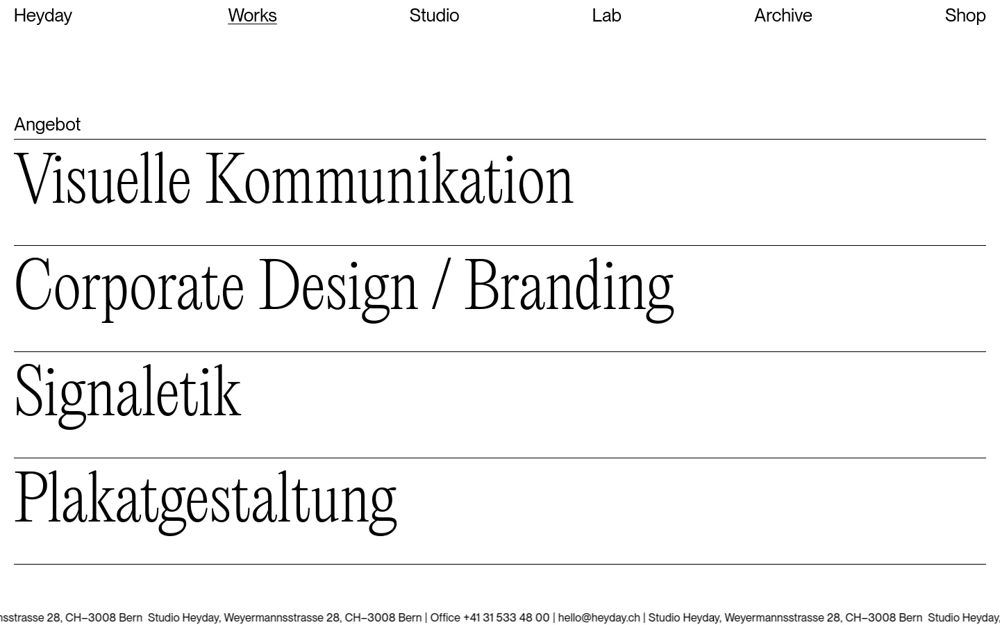 The desktop version of the Works page features a minimalist white background with a clean navigation bar at the top. Large, elegant serif typography lists services such as 'Visuelle Kommunikation' and 'Corporate Design / Branding' separated by thin horizontal lines. A grid of project links is visible, showcasing various design works like SOTAX and Arcollage.